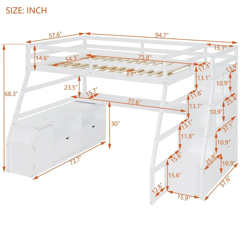 White Full Size Loft Bed with Staircase Drawers Shelves Desk Storage Cabinet