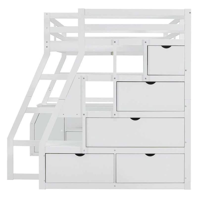 White Full Size Loft Bed with Staircase Drawers Shelves Desk Storage Cabinet