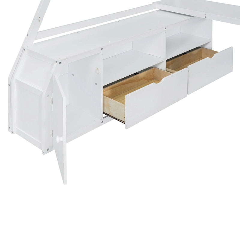 White Full Size Loft Bed with Staircase Drawers Shelves Desk Storage Cabinet