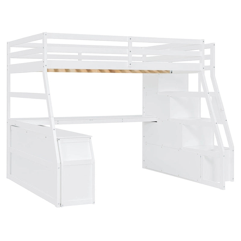 White Full Size Loft Bed with Staircase Drawers Shelves Desk Storage Cabinet