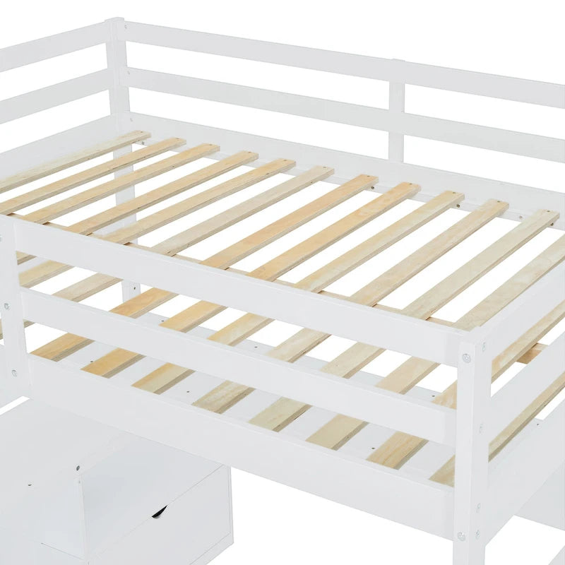White Full Size Loft Bed with Staircase Drawers Shelves Desk Storage Cabinet