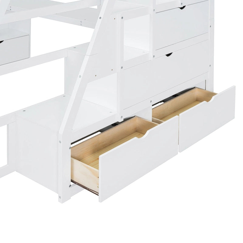 White Full Size Loft Bed with Staircase Drawers Shelves Desk Storage Cabinet