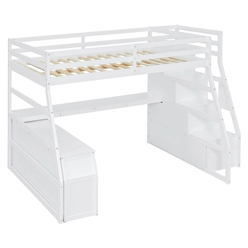 White Full Size Loft Bed with Staircase Drawers Shelves Desk Storage Cabinet