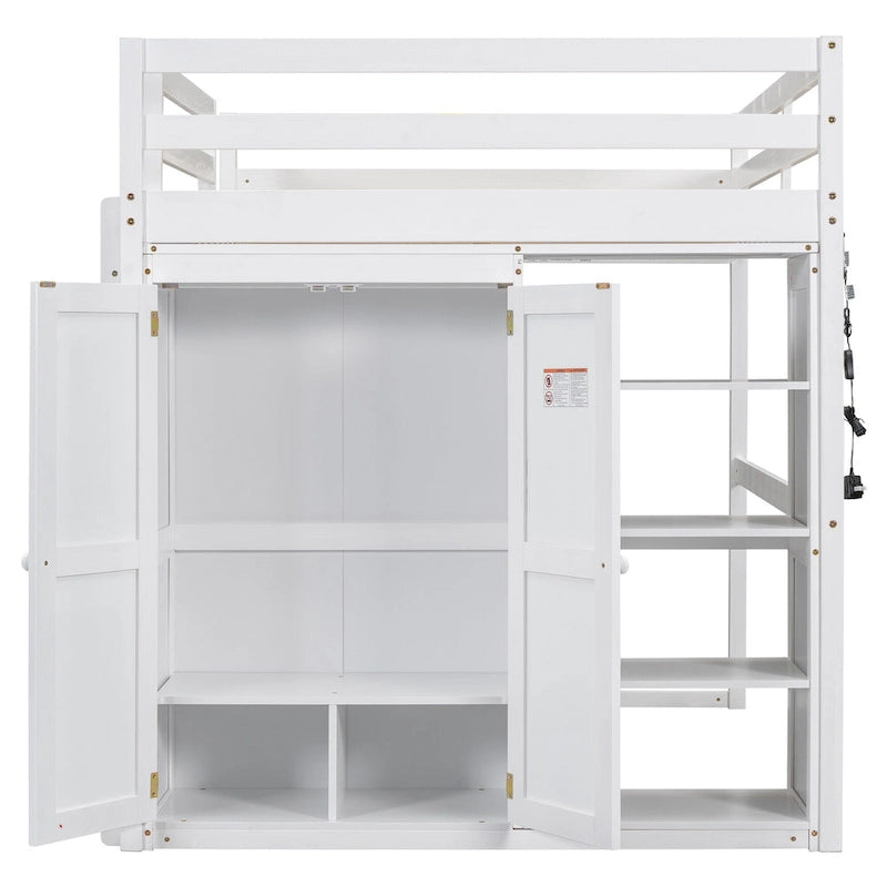 White Full Size Wood Loft Bed with Built-in Wardrobe and Storage Shelves, Led light