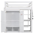 White Full Size Wood Loft Bed with Built-in Wardrobe and Storage Shelves, Led light