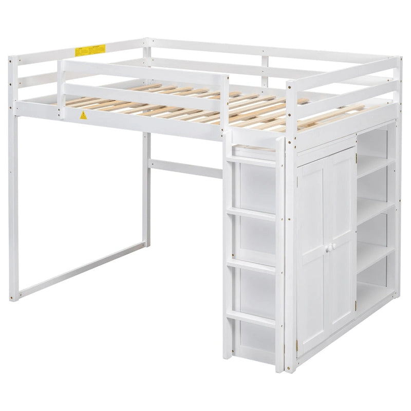 Full Size Wood Loft Bed with Wardrobe Storage Shelves LED Light White