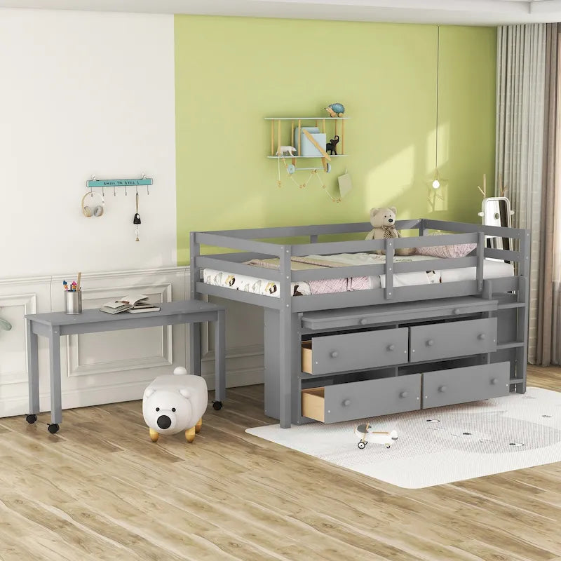 Gray Solid Wood Low Loft Bed with Four Drawers and Retractable Desk