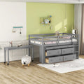 Gray Solid Wood Low Loft Bed with Four Drawers and Retractable Desk