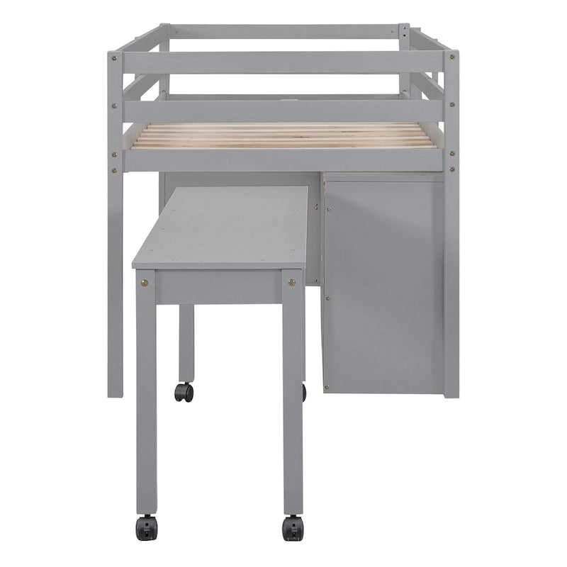 Gray Solid Wood Low Loft Bed with Four Drawers and Retractable Desk
