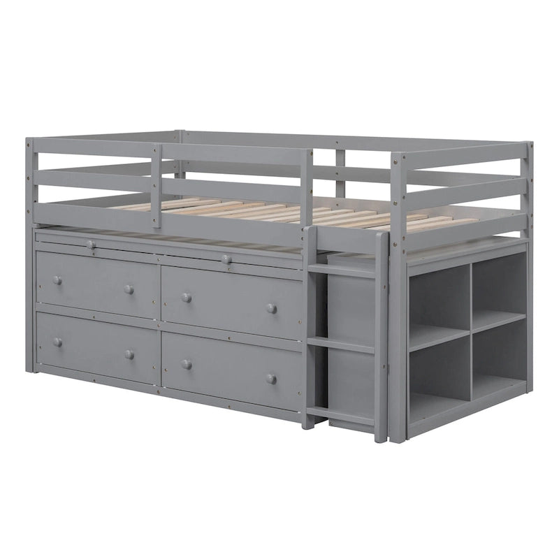 Gray Solid Wood Low Loft Bed with Four Drawers and Retractable Desk
