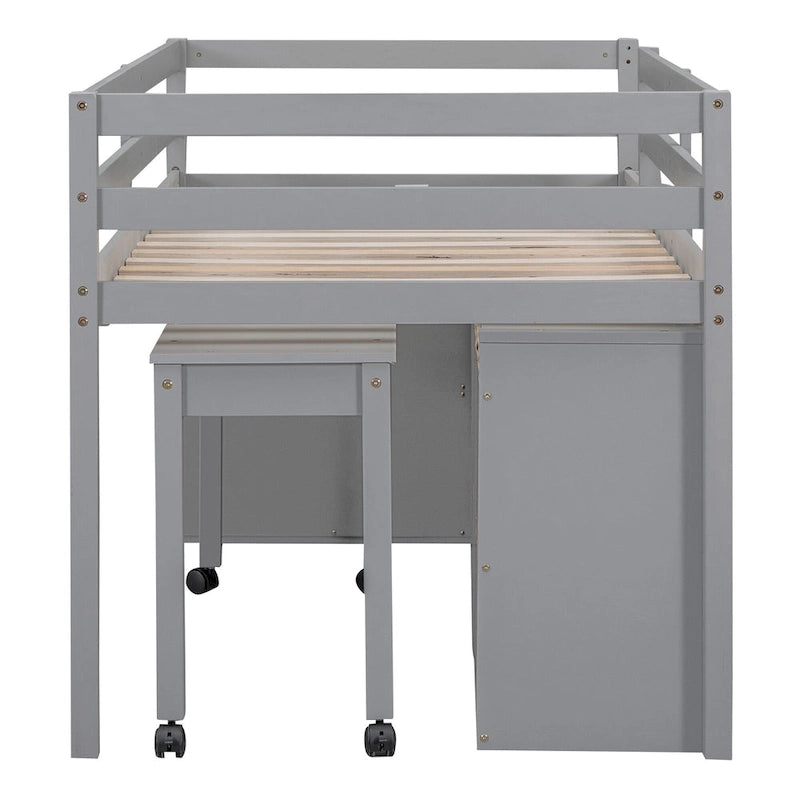 Gray Solid Wood Low Loft Bed with Four Drawers and Retractable Desk