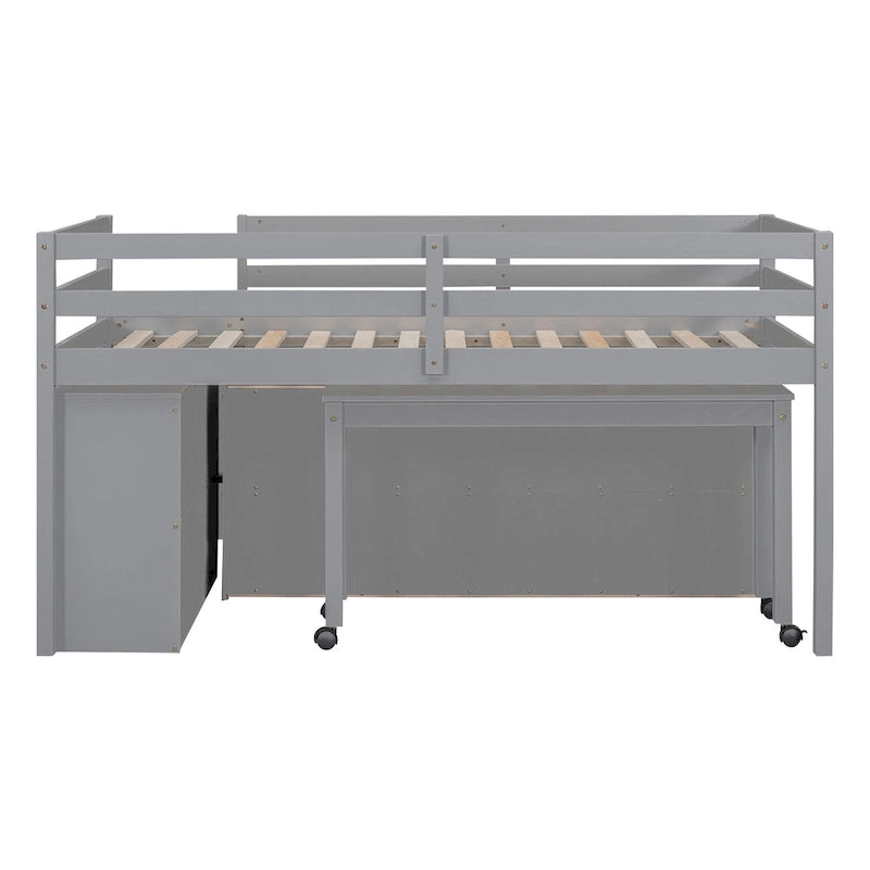 Gray Solid Wood Low Loft Bed with Four Drawers and Retractable Desk