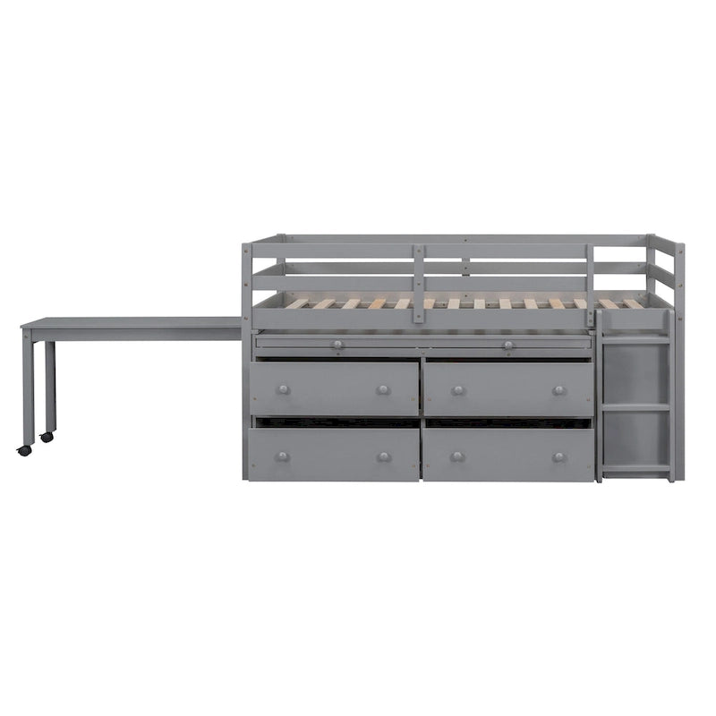 Gray Solid Wood Low Loft Bed with Four Drawers and Retractable Desk