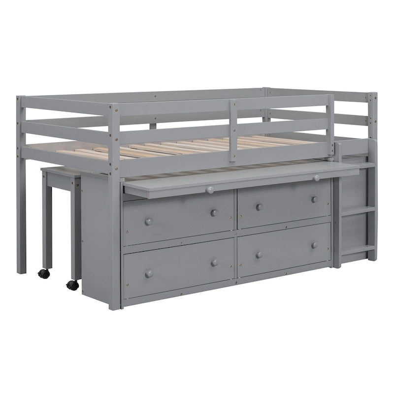Gray Solid Wood Low Loft Bed with Four Drawers and Retractable Desk