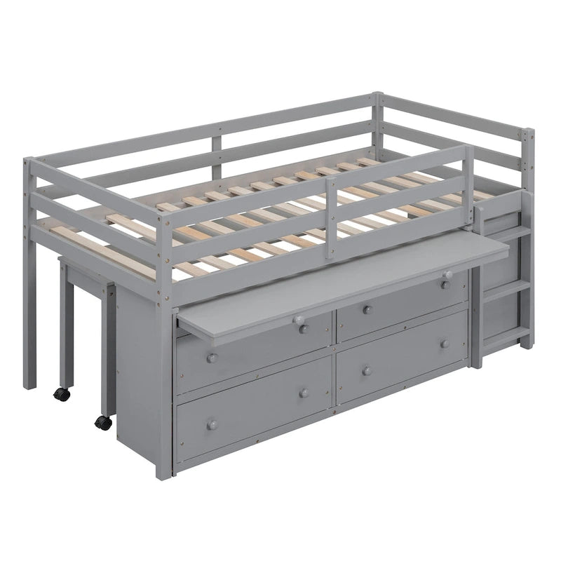 Gray Solid Wood Low Loft Bed with Four Drawers and Retractable Desk