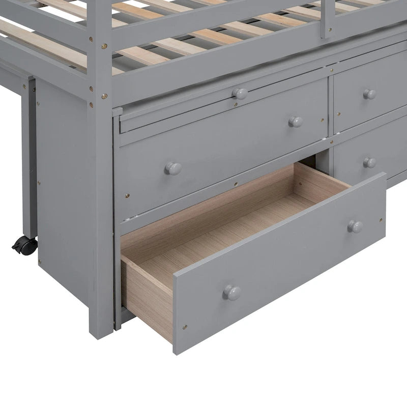 Gray Solid Wood Low Loft Bed with Four Drawers and Retractable Desk