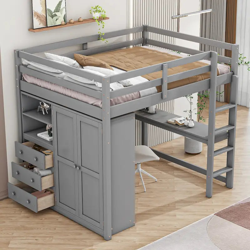Gray Full Size Solid Wood Loft Bed with Wardrobe Desk and Drawers