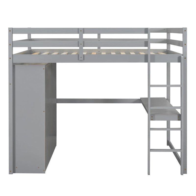 Gray Full Size Solid Wood Loft Bed with Wardrobe Desk and Drawers