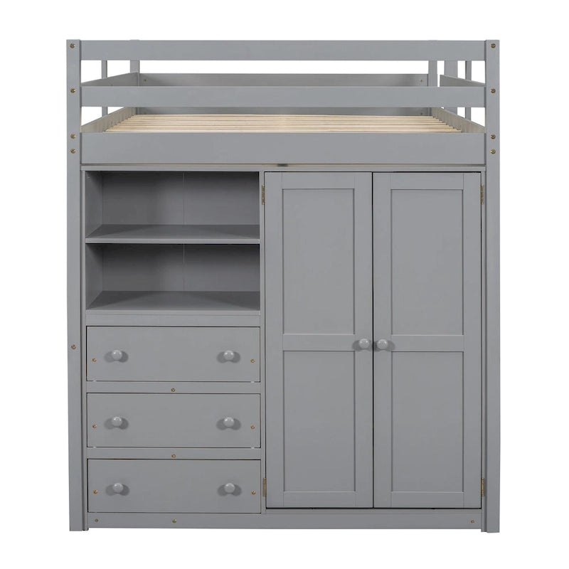 Gray Full Size Solid Wood Loft Bed with Wardrobe Desk and Drawers