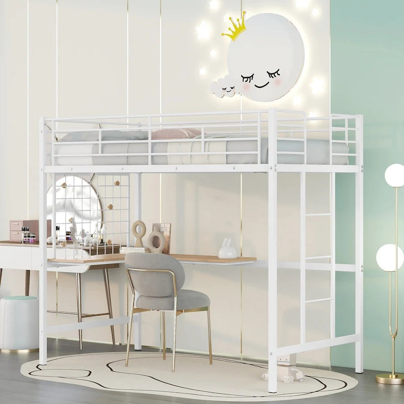 White Metal Loft Bed Frame with Built-In Desk, Ladder and Decorative Grid