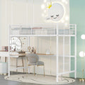 White Metal Loft Bed Frame with Built-In Desk, Ladder and Decorative Grid