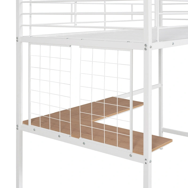 White Metal Loft Bed Frame with Built-In Desk, Ladder and Decorative Grid