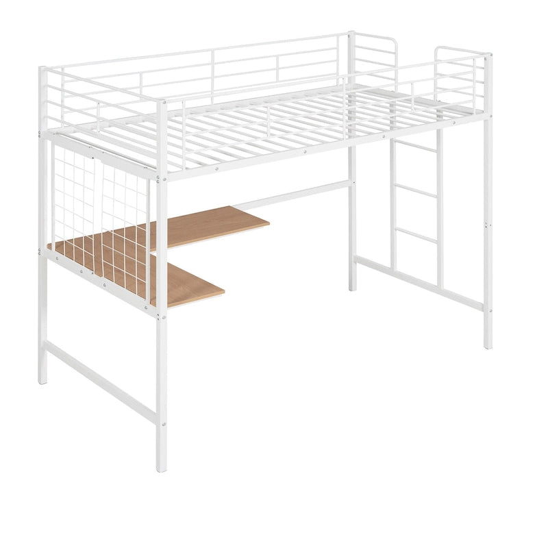 White Metal Loft Bed Frame with Built-In Desk, Ladder and Decorative Grid