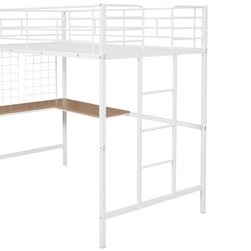 White Metal Loft Bed Frame with Built-In Desk, Ladder and Decorative Grid