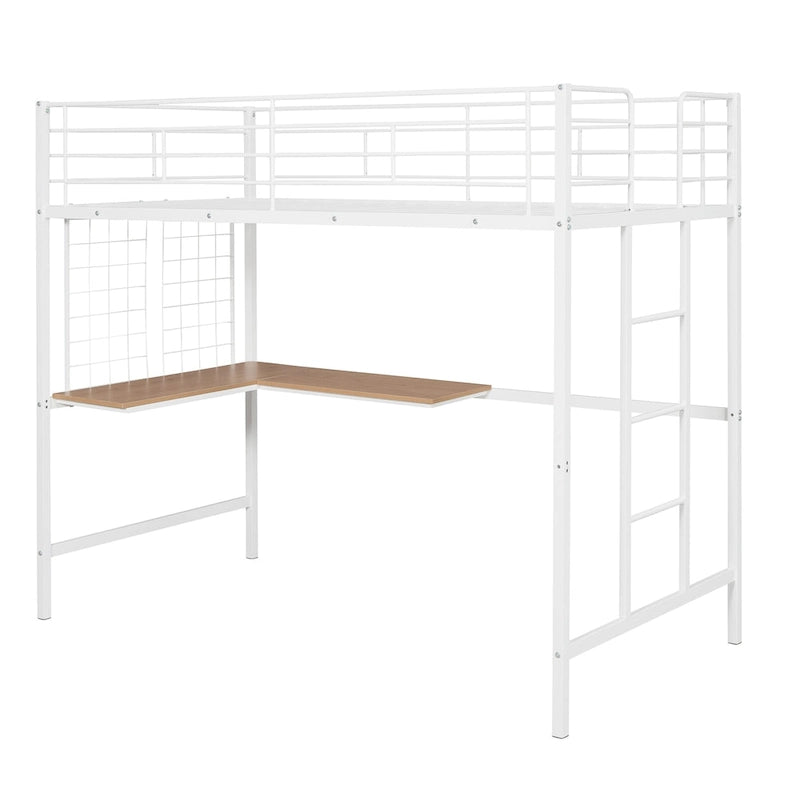 White Metal Loft Bed Frame with Built-In Desk, Ladder and Decorative Grid