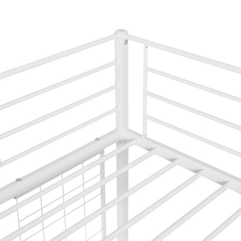 White Metal Loft Bed Frame with Built-In Desk, Ladder and Decorative Grid
