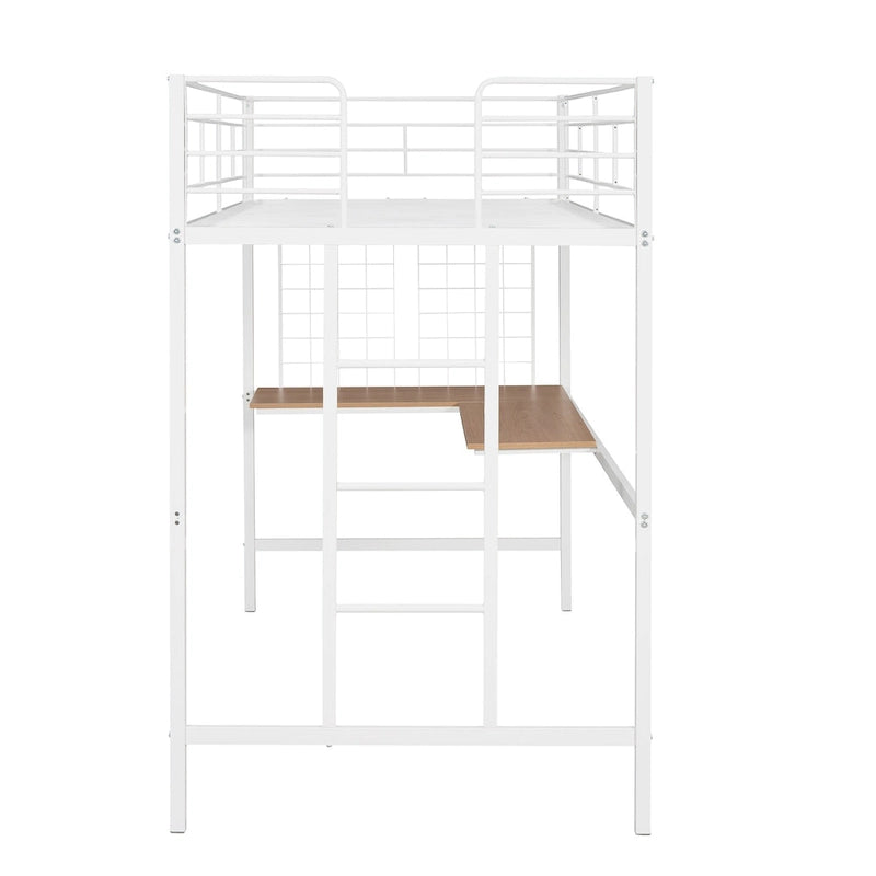White Metal Loft Bed Frame with Built-In Desk, Ladder and Decorative Grid