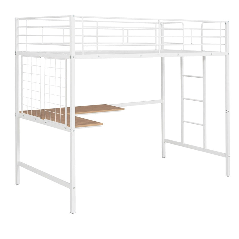 White Metal Loft Bed Frame with Built-In Desk, Ladder and Decorative Grid