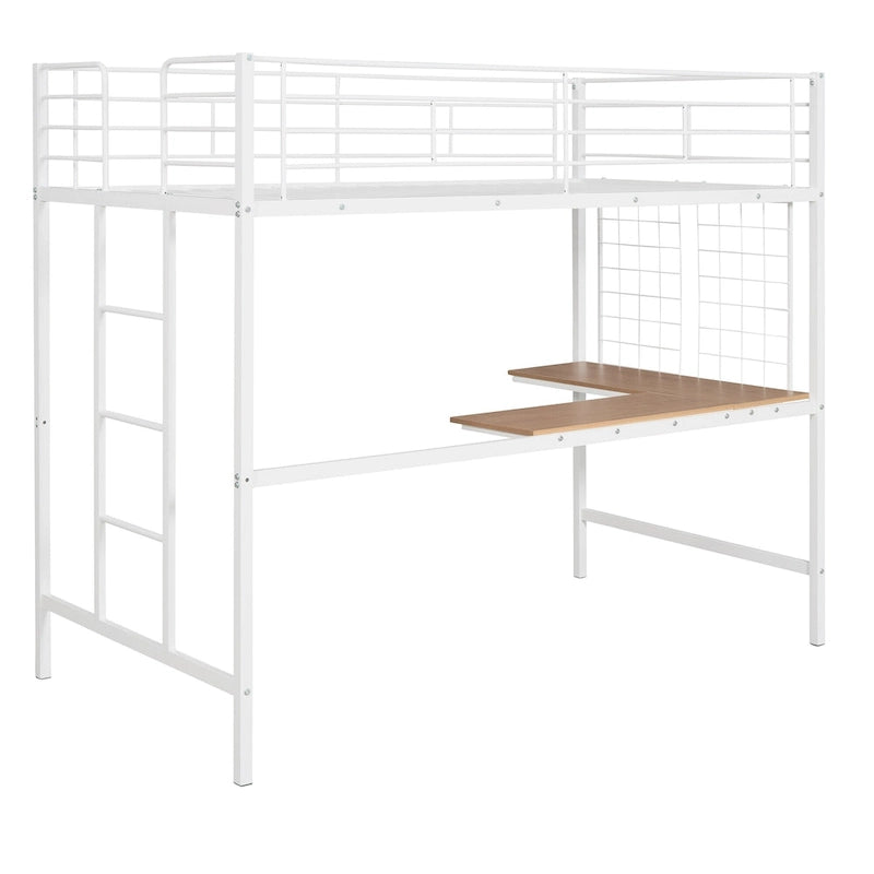 White Metal Loft Bed Frame with Built-In Desk, Ladder and Decorative Grid