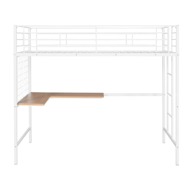 White Metal Loft Bed Frame with Built-In Desk, Ladder and Decorative Grid