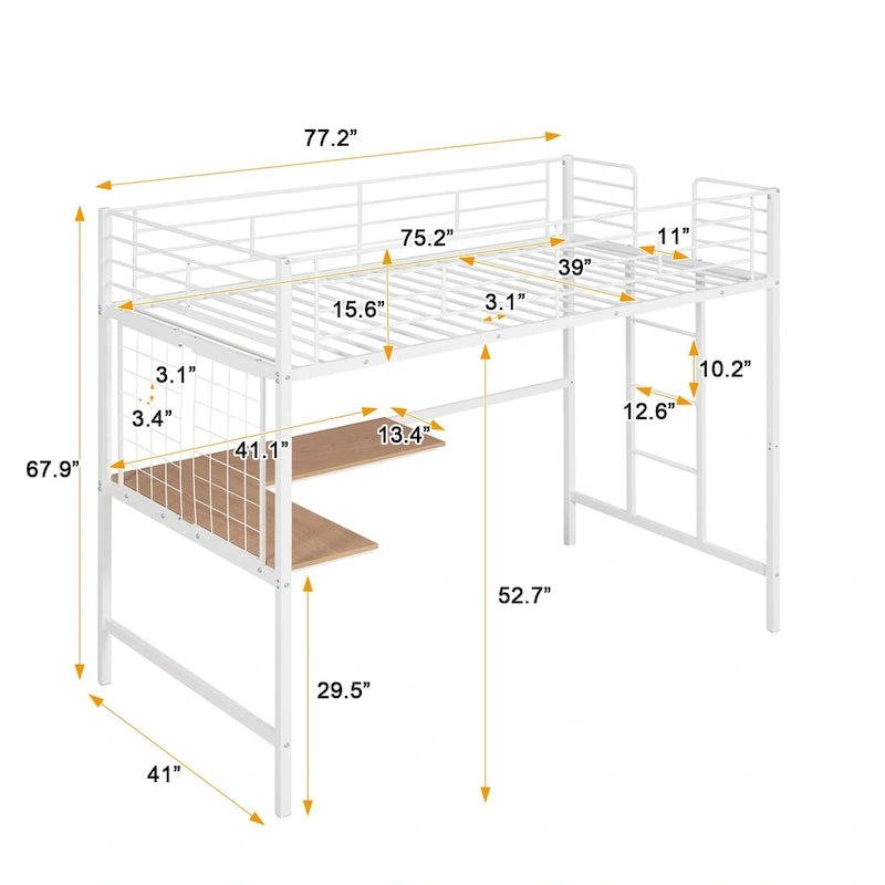 White Metal Loft Bed Frame with Built-In Desk, Ladder and Decorative Grid