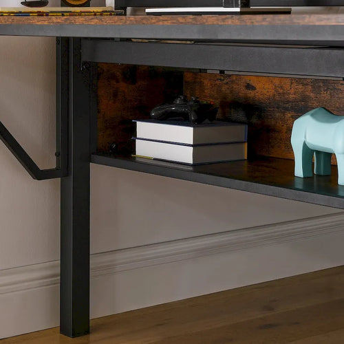 Black+Brown Full Size Metal Loft Bed with Rectangular Desk and Storage