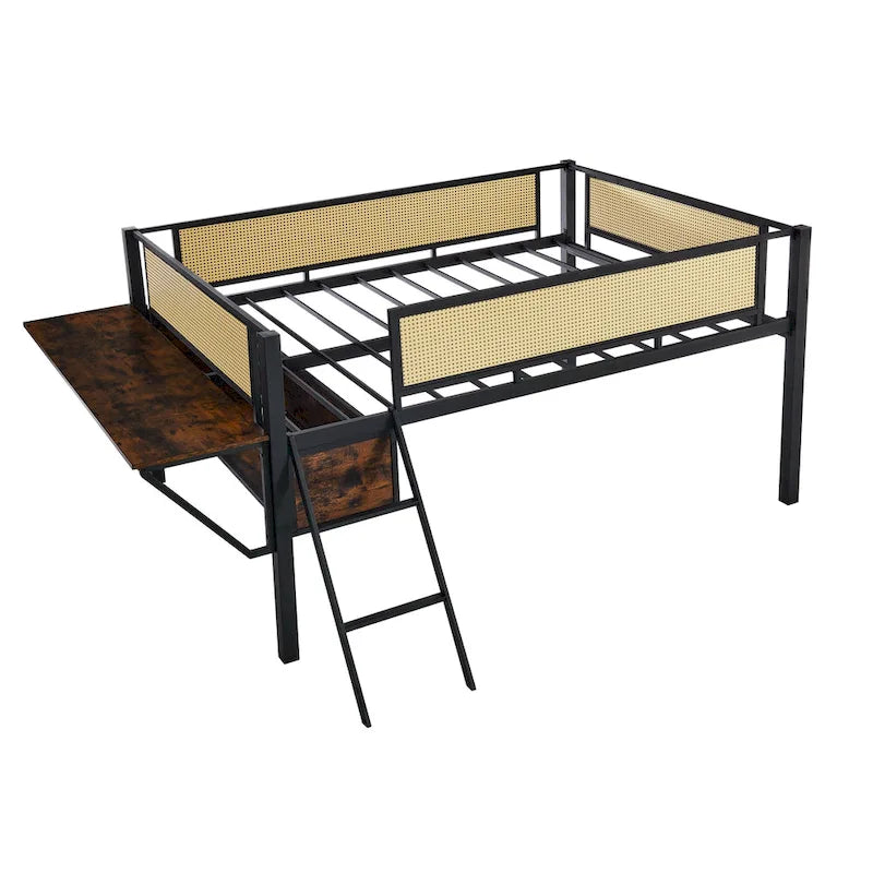 Black Brown Metal Loft Bed with Rattan Guardrail and LED Lights