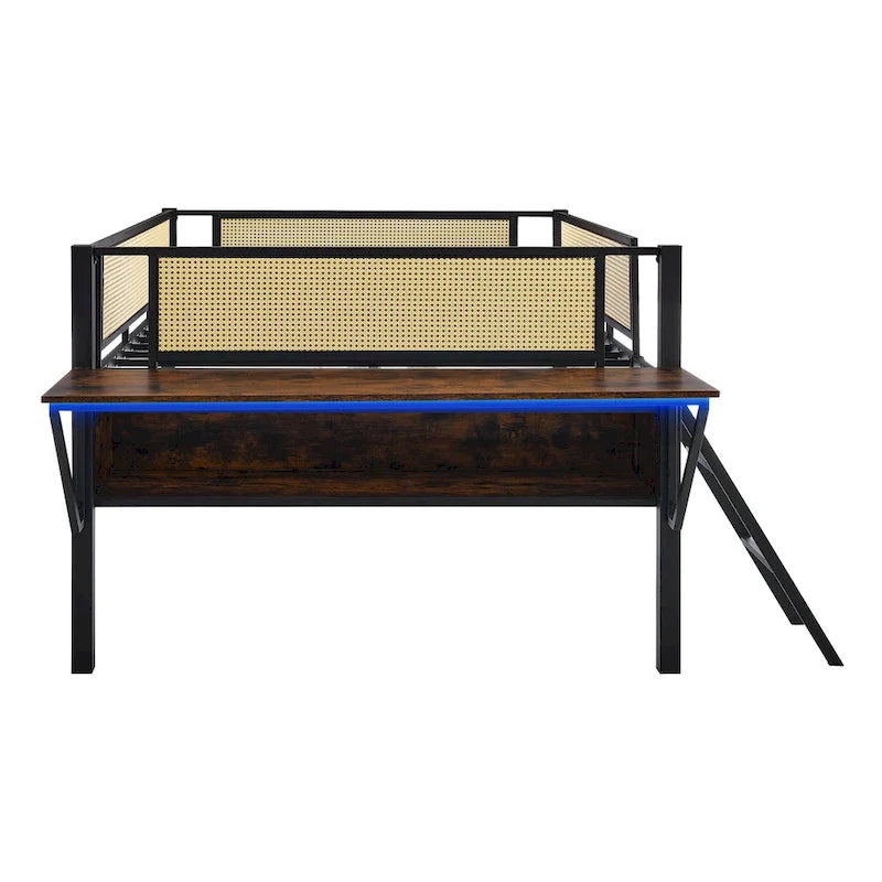 Black Brown Metal Loft Bed with Rattan Guardrail and LED Lights