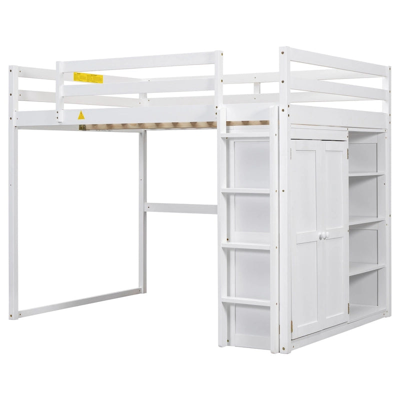 Full Size Wood Loft Bed with Wardrobe Storage Shelves and LED Lighting White
