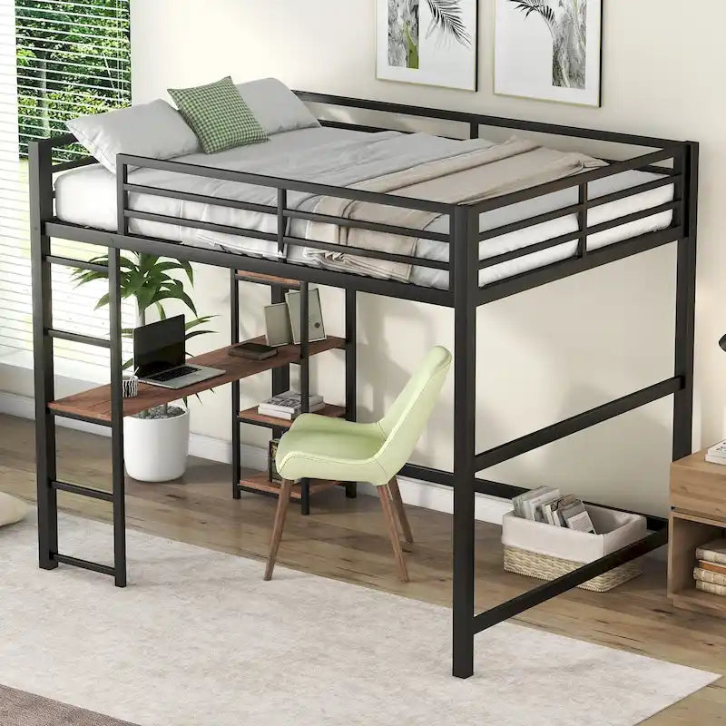 Black Full Size Metal Loft Bed with Built-in Desk and Storage Shelves