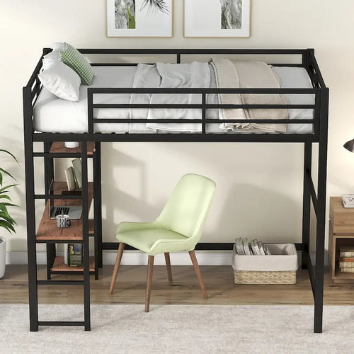 Black Full Size Metal Loft Bed with Built-in Desk and Storage Shelves