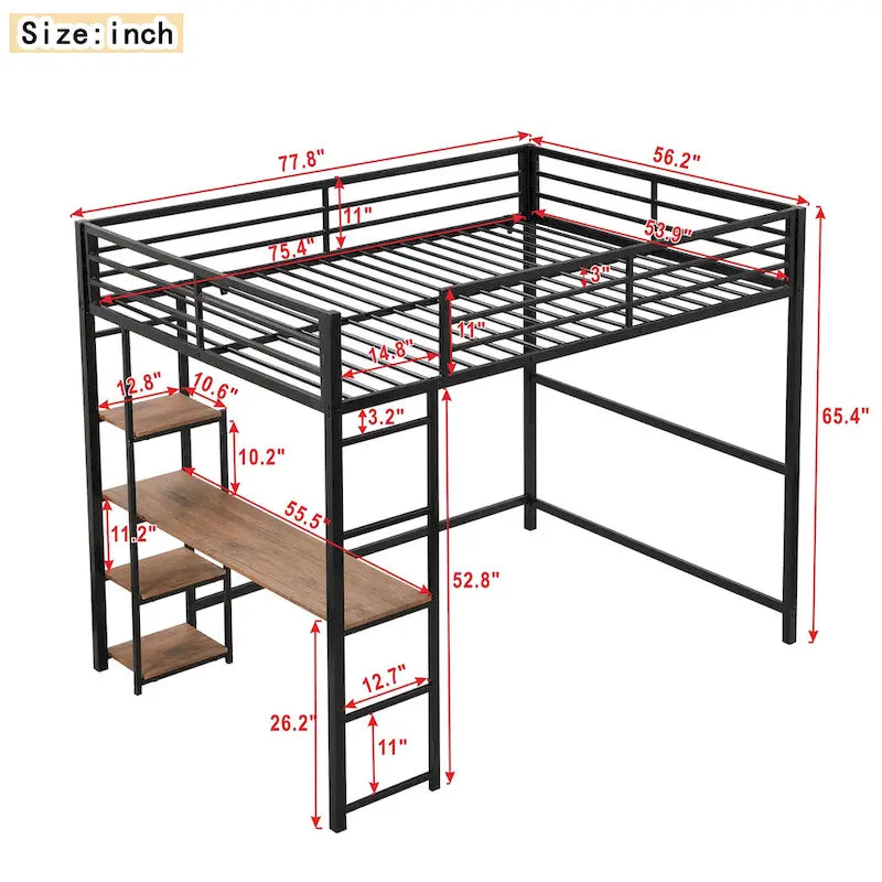 Black Full Size Metal Loft Bed with Built-in Desk and Storage Shelves