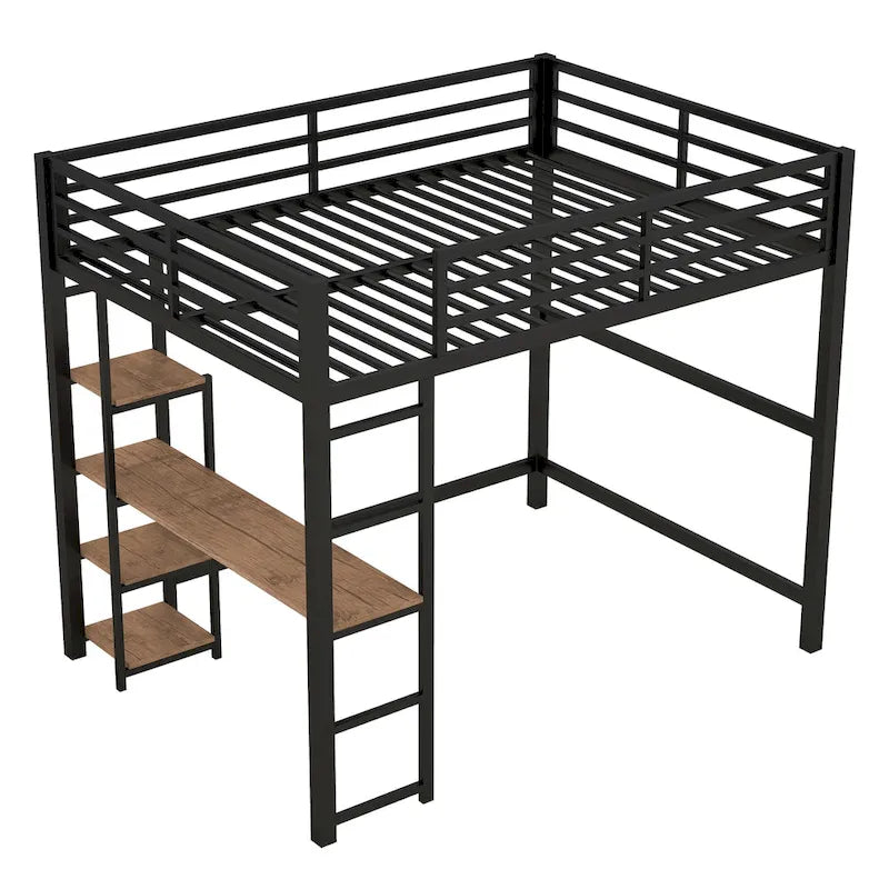 Black Full Size Metal Loft Bed with Built-in Desk and Storage Shelves