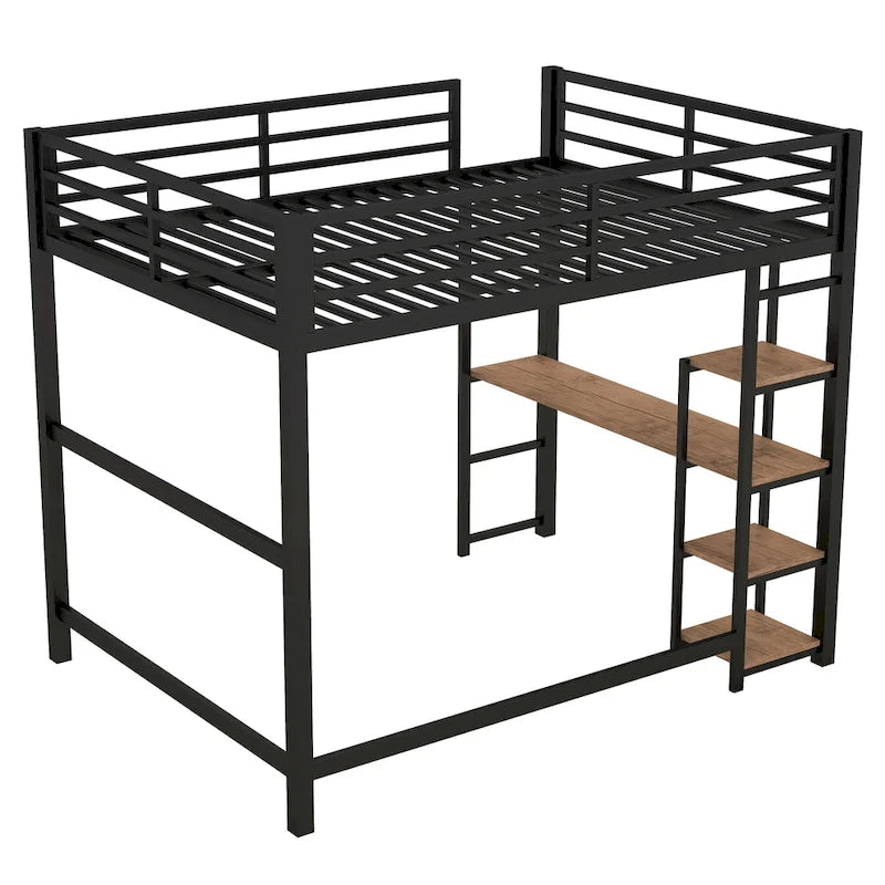 Black Full Size Metal Loft Bed with Built-in Desk and Storage Shelves
