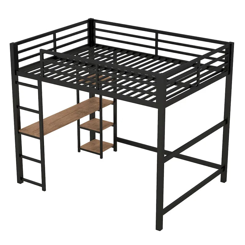 Black Full Size Metal Loft Bed with Built-in Desk and Storage Shelves