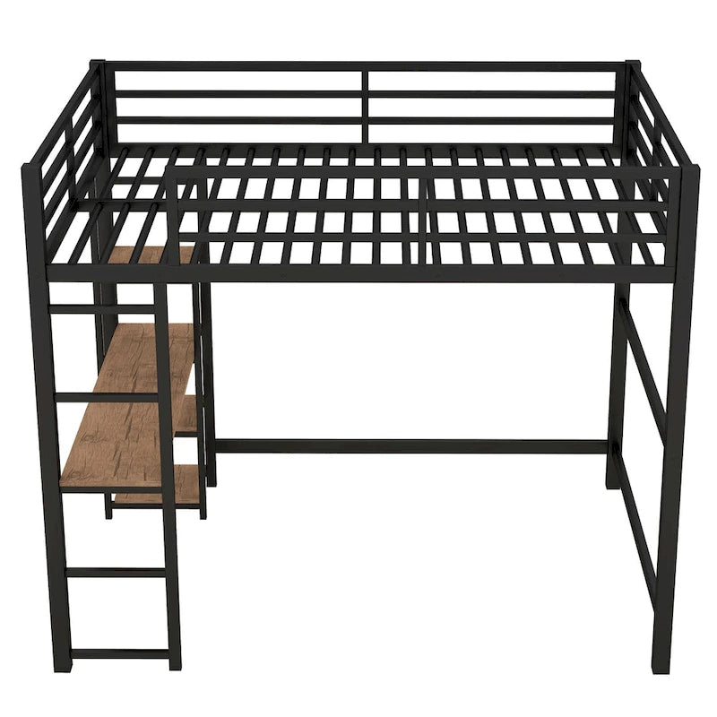 Black Full Size Metal Loft Bed with Built-in Desk and Storage Shelves