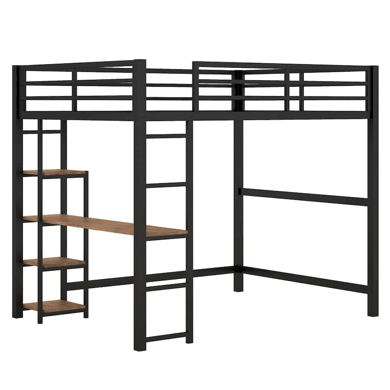 Black Full Size Metal Loft Bed with Built-in Desk and Storage Shelves