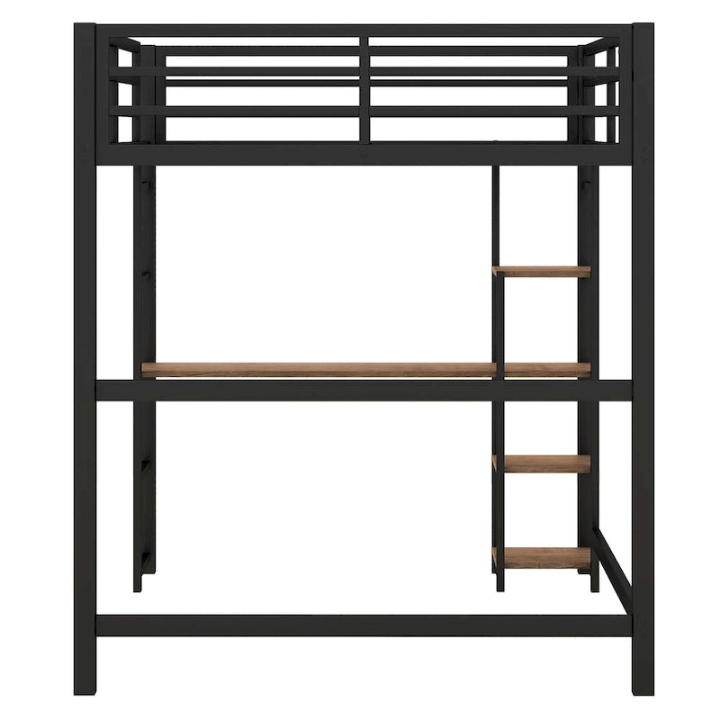 Black Full Size Metal Loft Bed with Built-in Desk and Storage Shelves