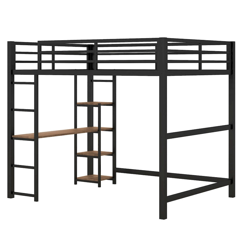 Black Full Size Metal Loft Bed with Built-in Desk and Storage Shelves