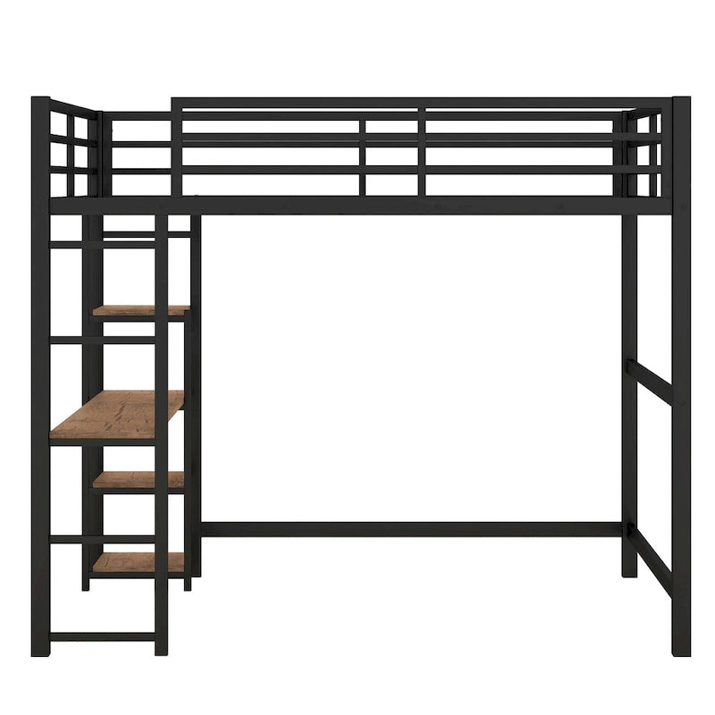 Black Full Size Metal Loft Bed with Built-in Desk and Storage Shelves